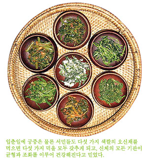 입춘일에 궁중은 물론 서민들도 다섯 가지 색깔의 오신채를 먹으면 다섯 가지 덕을 모두 갖추게 되고, 신체의 모든 기관이 균형과 조화를 이루어 건강해진다고 믿었다.