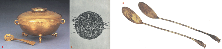 금잔과 금비 전국시대, BCE 5세기 동경국립박물관(중국국보전, 2000) /대나무젓가락 마왕퇴 한묘 출토 호남성박물관,중국과학원고고학연구소(장사 마왕퇴 1호 한묘, 1973)/ 쌍어형 숟가락 요진국 공주부마 합장묘 출토 길이 28.0cm 내몽고문물고고연구소 소장 구주국립박물관(契丹, 2011