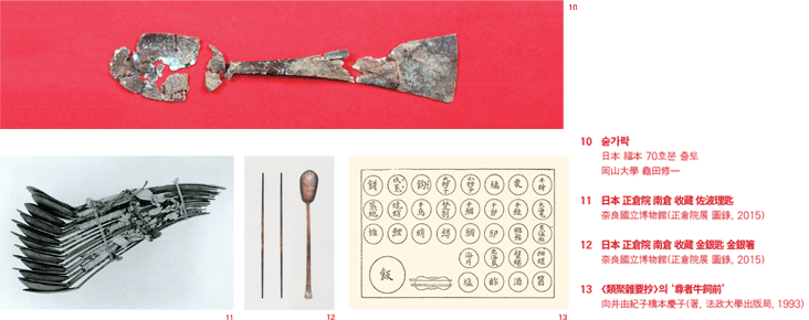 숟가락日本 福本 70호분 출토 岡山大學 龜田修一/日本 正倉院 南倉 收藏 佐波理匙 奈良國立博物館(正倉院展 圖錄, 2015)/日本 正倉院 南倉 收藏 金銀匙 金銀箸 奈良國立博物館(正倉院展 圖錄, 2015)/<類聚雜要抄>의 ‘尊者牛飼前’向井由紀子橋本慶子(箸, 法政大學出版局, 1993)