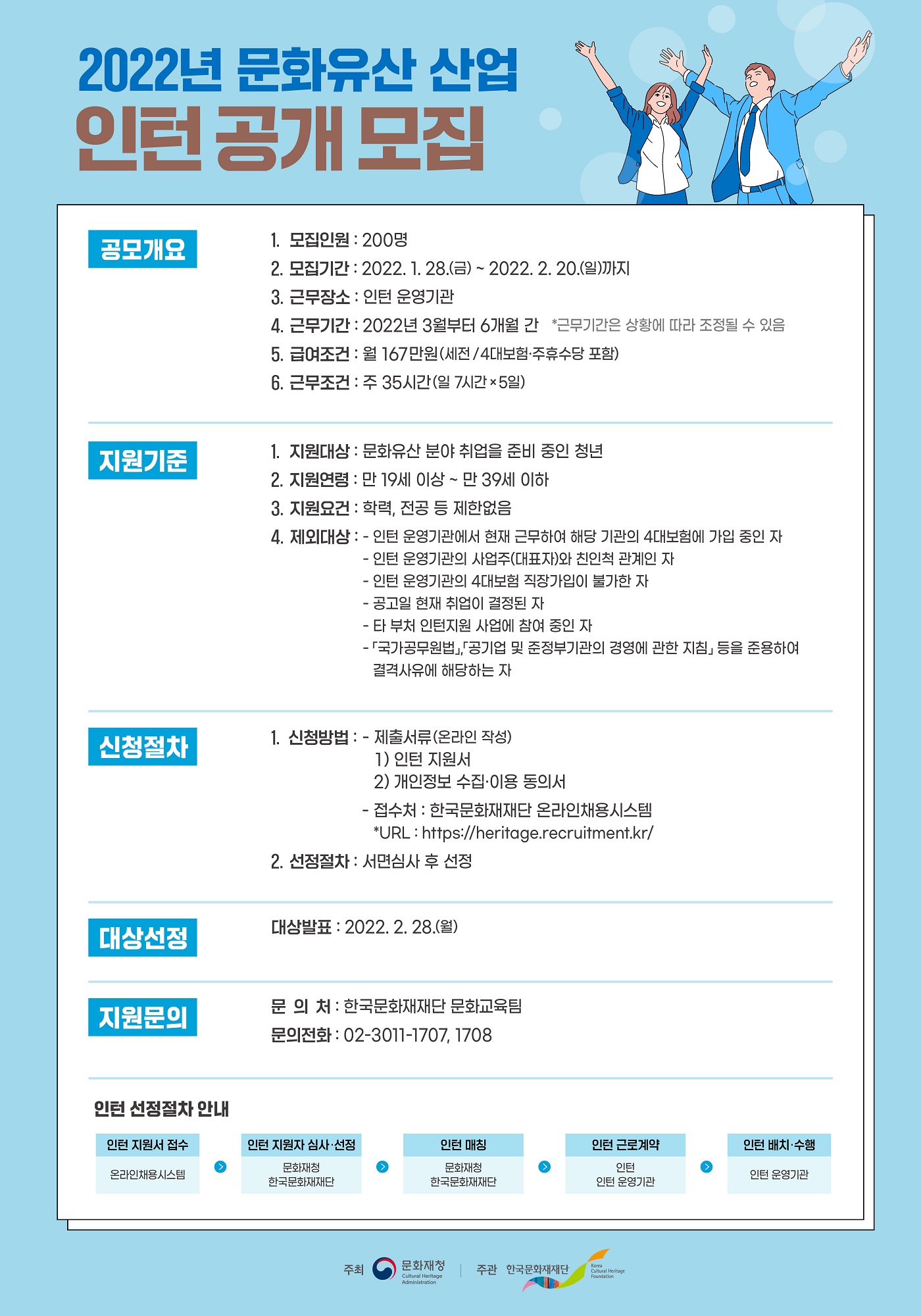 2022년 문화유산 산업 인턴 지원 사업 인턴 공개모집 공고 포스터 (자세한 내용 하단 참조)